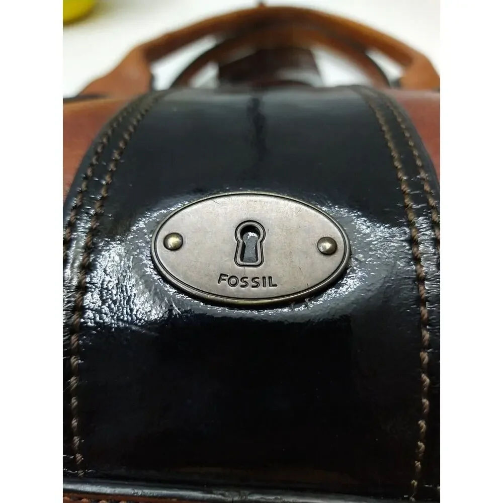 Fossil Maddox Brown Leather Black Stripe Zipper Satchel Shoulder Bag